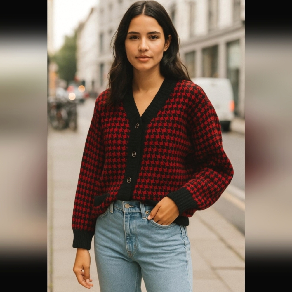New Houndstooth Plaid Button  Cardigan Sweater Red Black Oversized Retro